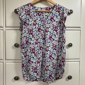 Loft Floral Cap Sleeve Button V-Neck Blouse, XS